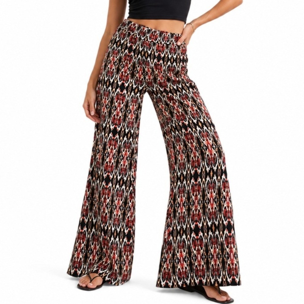 Veronica M Bell Bottom Flare Pants Women L Multicolor Ikat Print Boho Festival